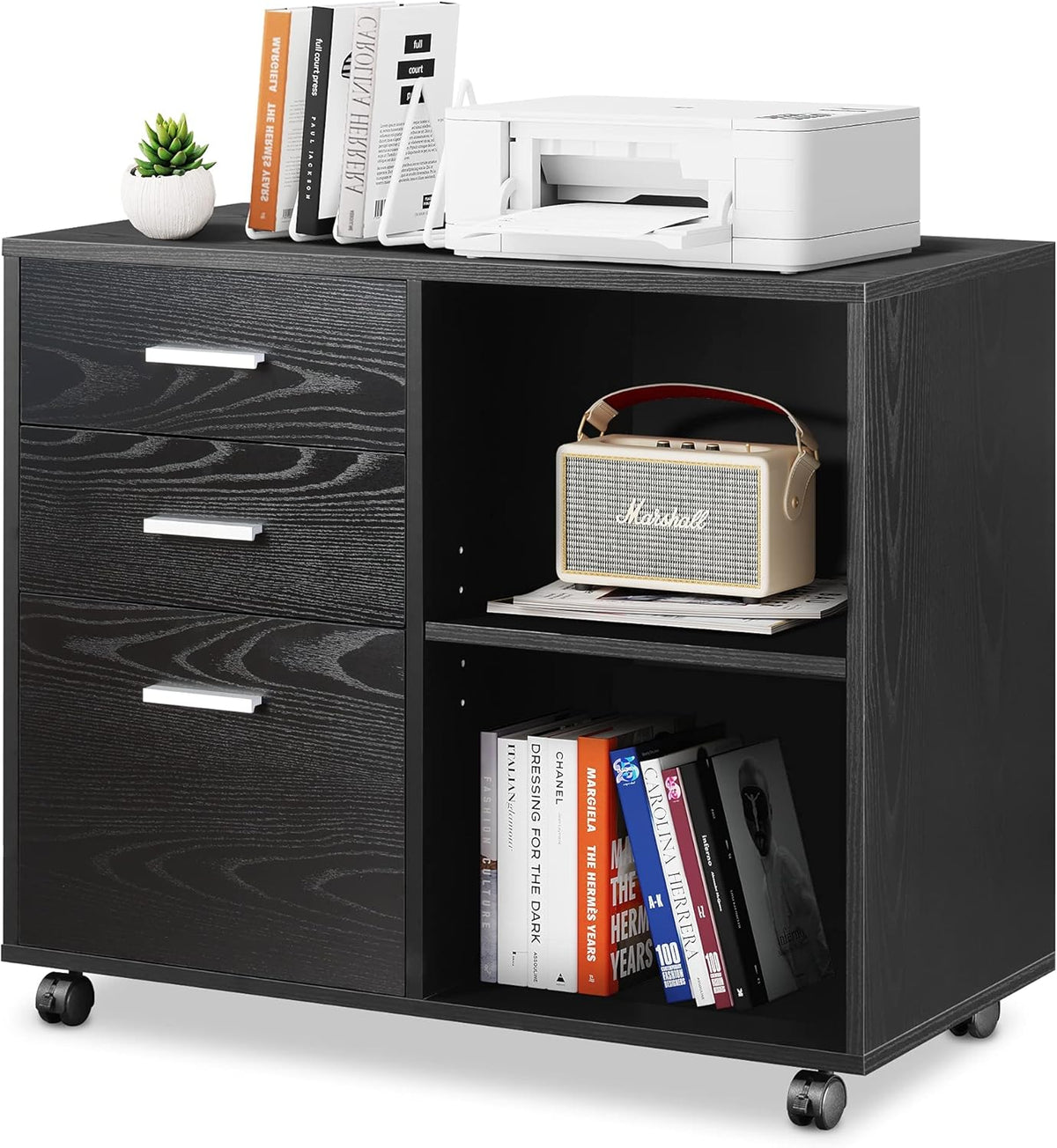 3 Drawer Wood File Cabinet with Open Storage Shelves, Gray Oak T7233