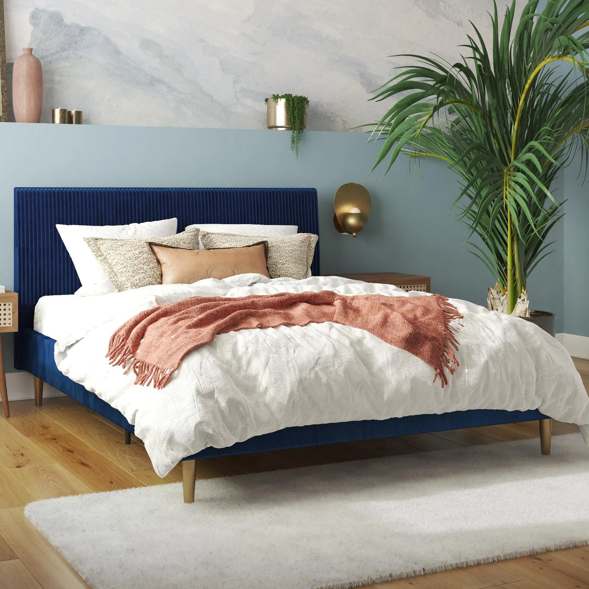 Ivory Velvet Queen Upholstered Bed with Headboard Z1391