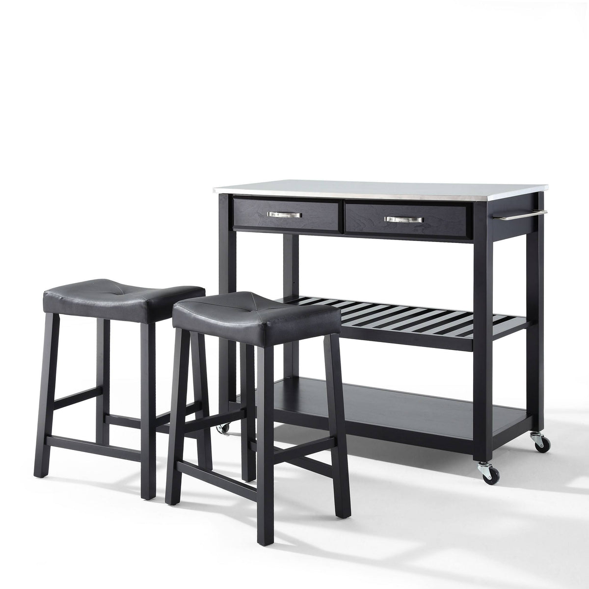 Stainless Steel Top Kitchen Cart Island with 24" Upholstered Saddle Stools L18286