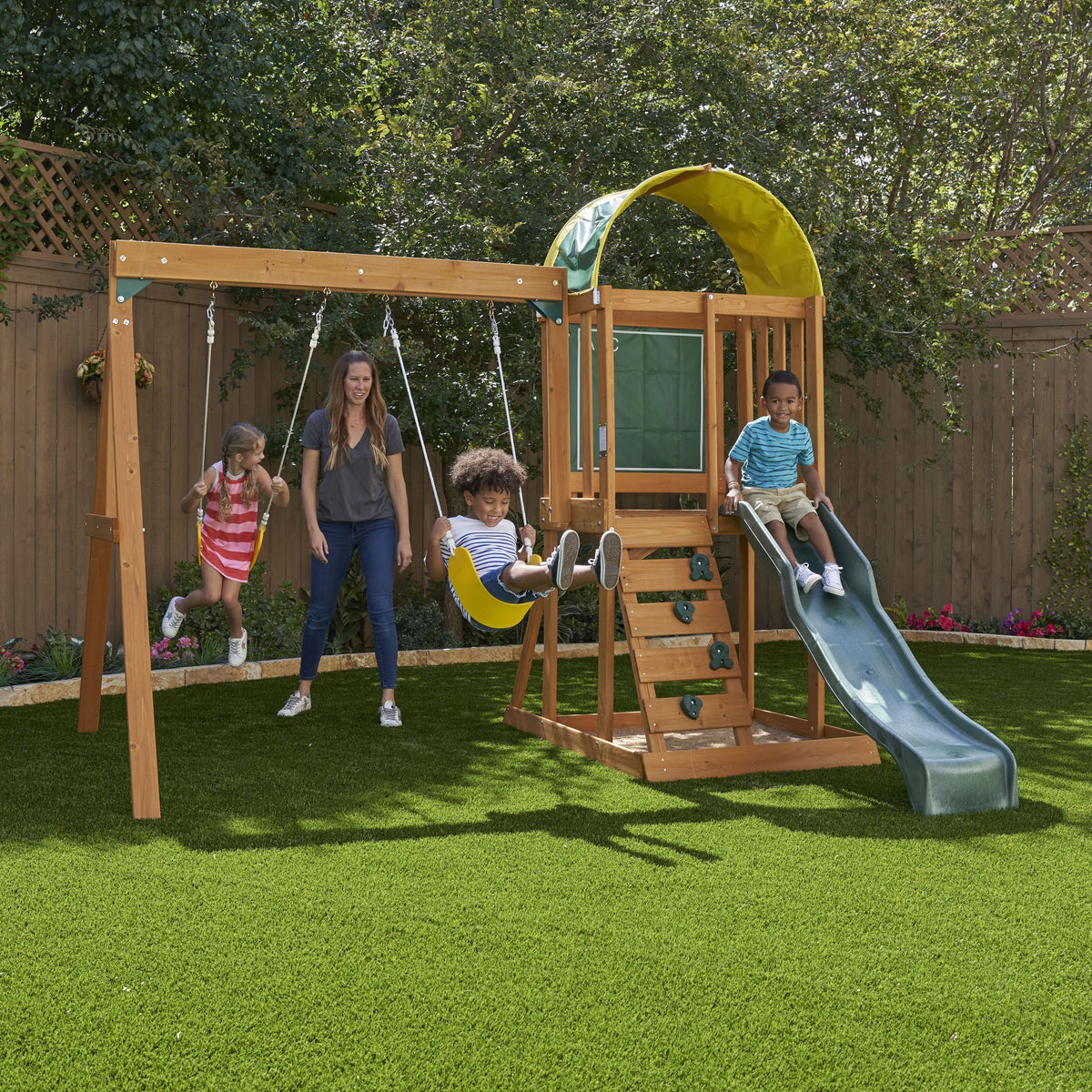 Wooden Outdoor Swing Set with Slide and Rock Wall R415295