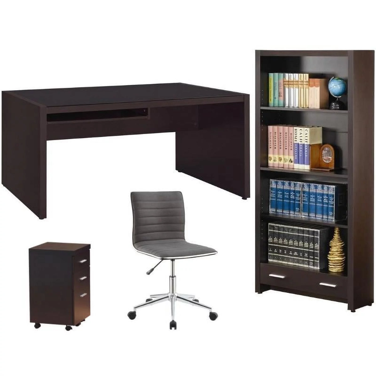 4 Piece Set with Desk Mobile File Cabinet Office Chair and Bookcase J2268