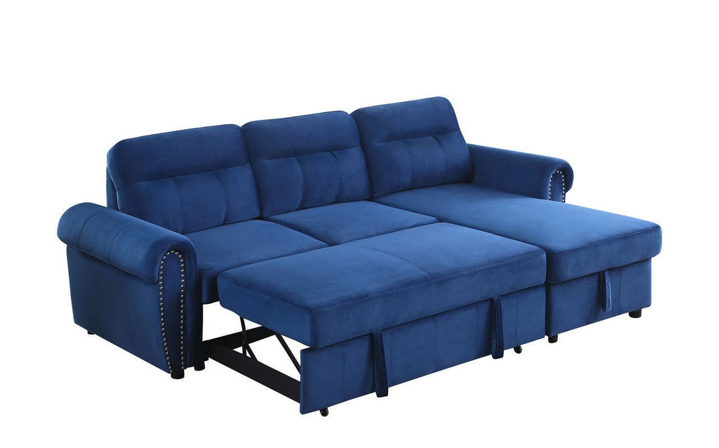Blue Velvet Reversible Sleeper Sectional Sofa Chaise R396