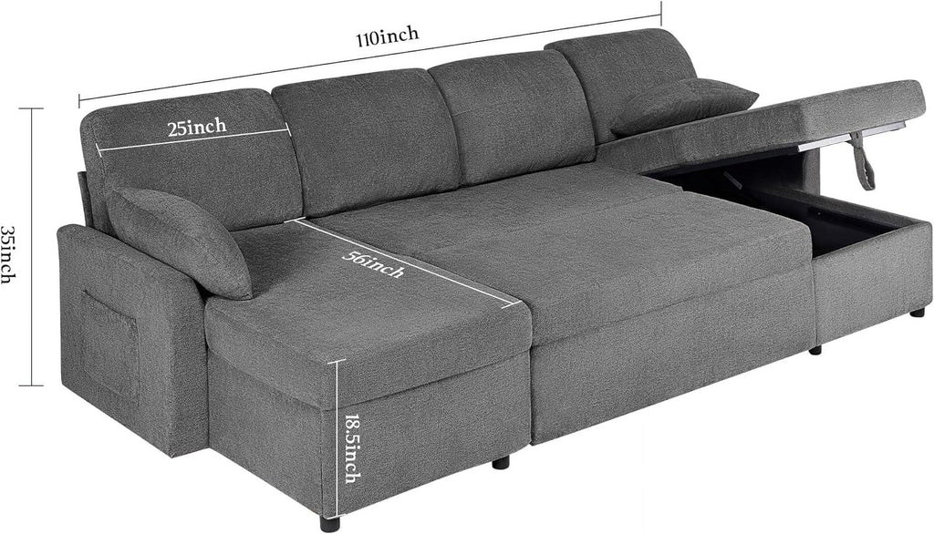 Pull Out Couch Sleeper Sofa with Storage Chaise Grey Sherpa Y323