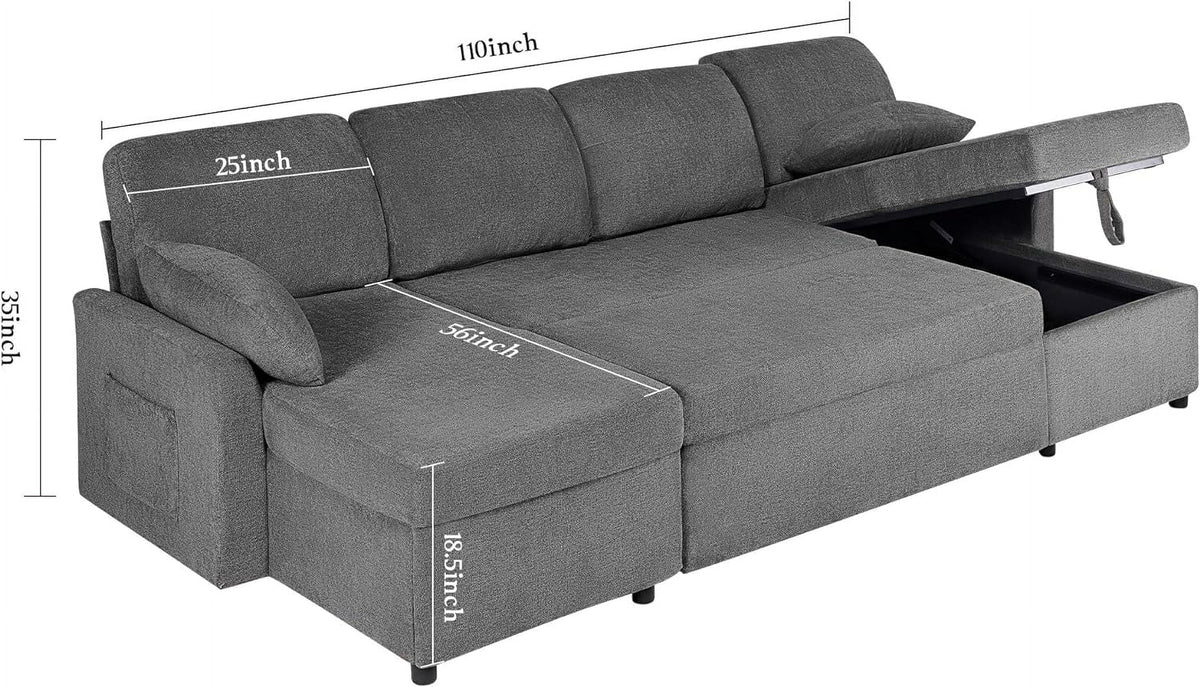 Pull Out Couch Sleeper Sofa with Storage Chaise Grey Sherpa Y323