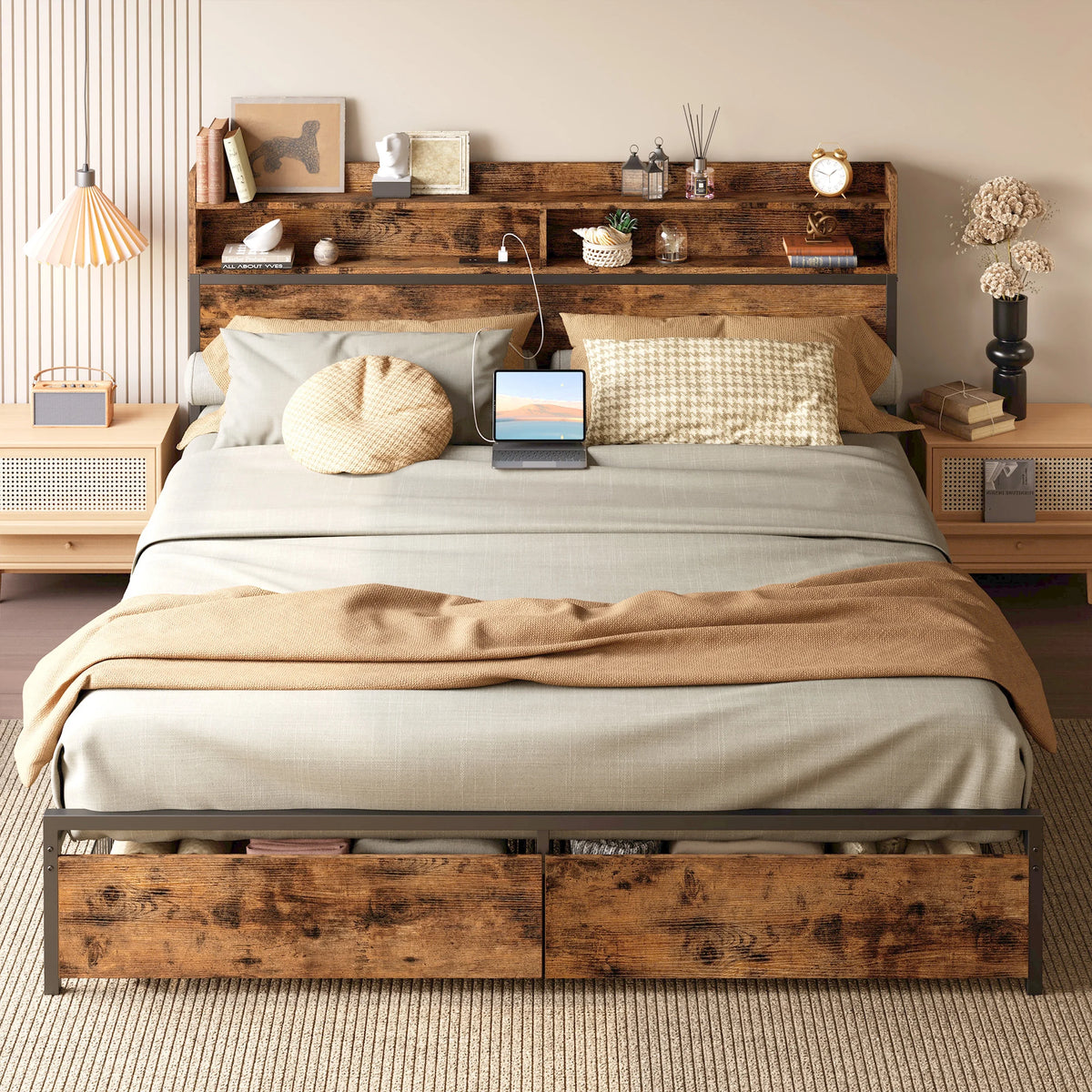 Full Platform Bed Frame with Storage Headboard and 2 Under-bed Drawers L333