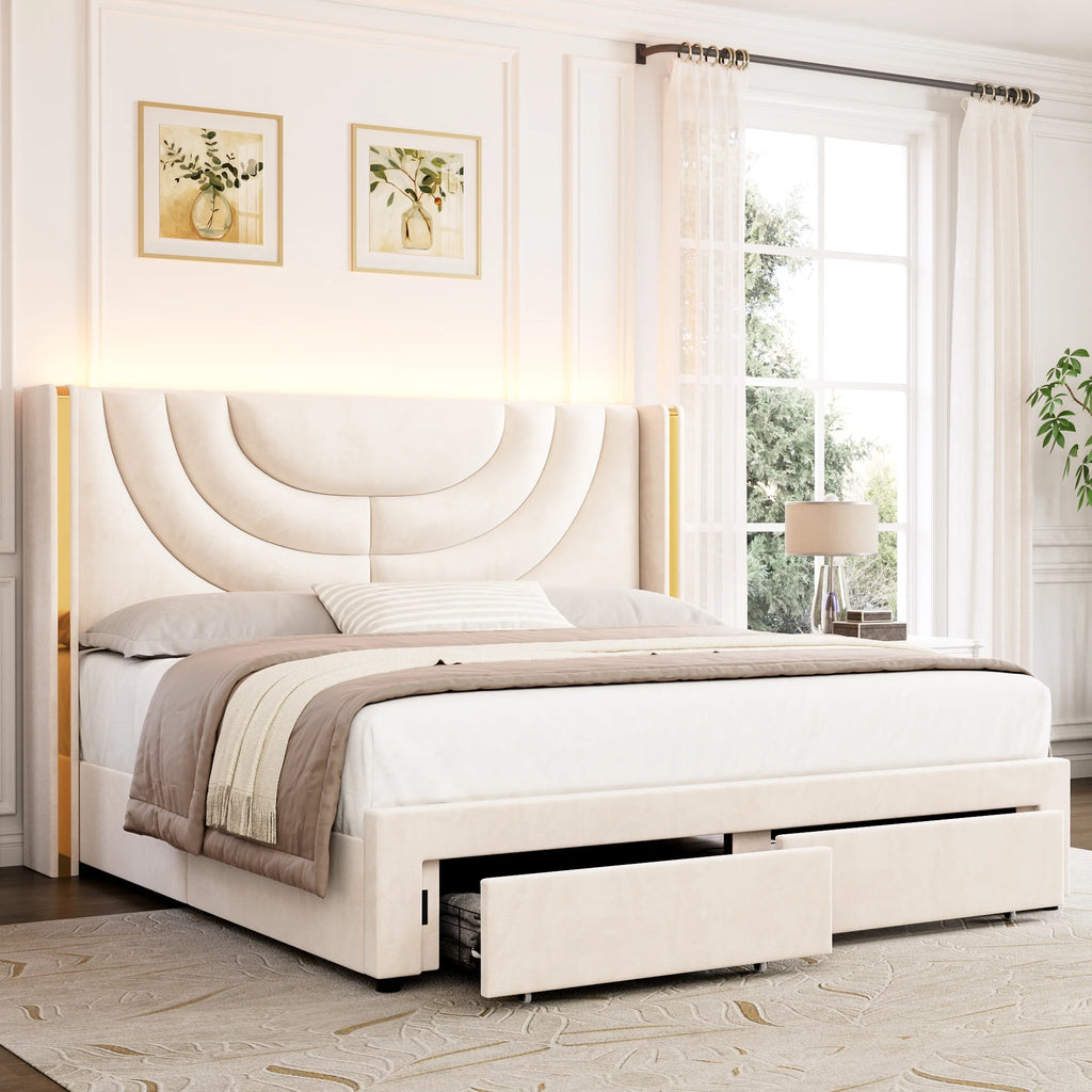 Full Size Velvet Upholstered Platform Bed Frame with 2 Drawers P3898