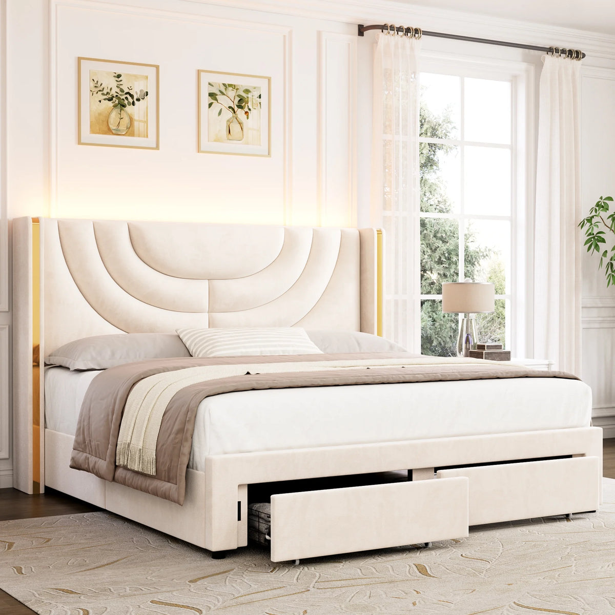 Full Size Velvet Upholstered Platform Bed Frame with 2 Drawers P3898
