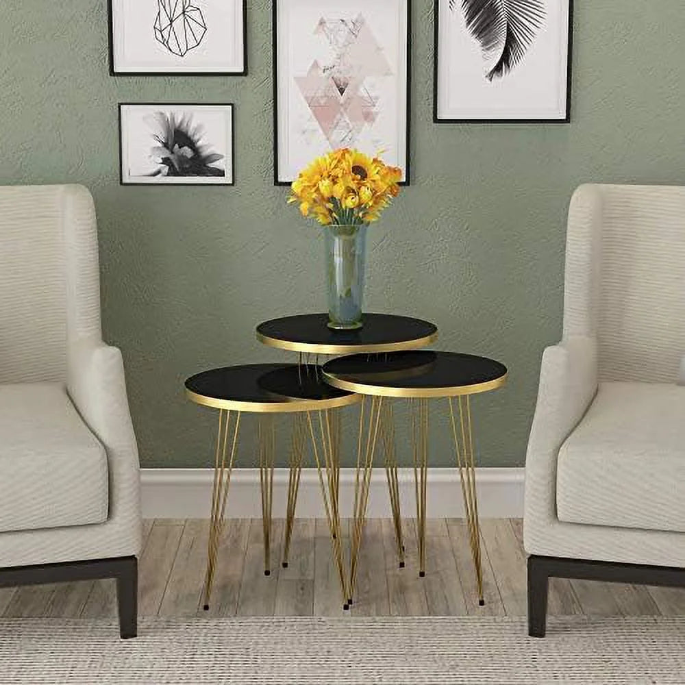 Set of 3 High Gloss Black Round Nesting Tables with Metal Legs T559