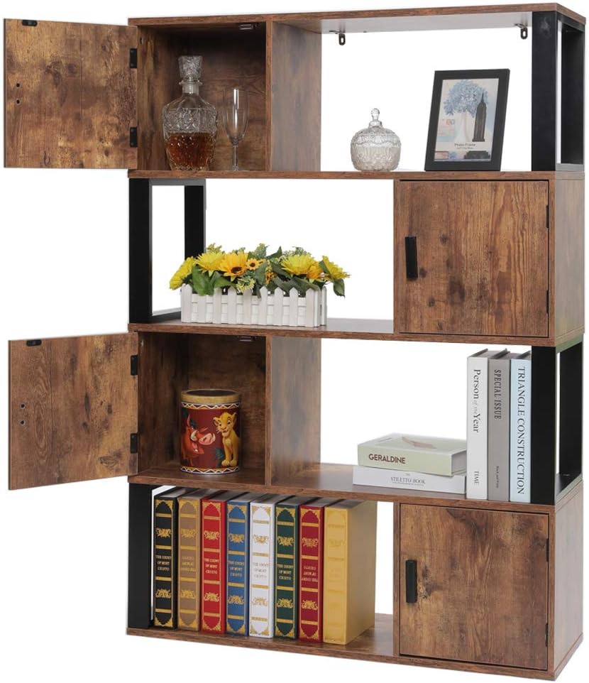 4 Tier Rustic Brown Bookcase with 4 Cube Storage Cabinet Z43289