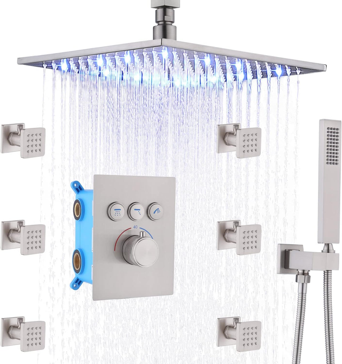 Brushed Gold 16 Inch Ceiling Mount Rain Shower System with Body Jets V379270