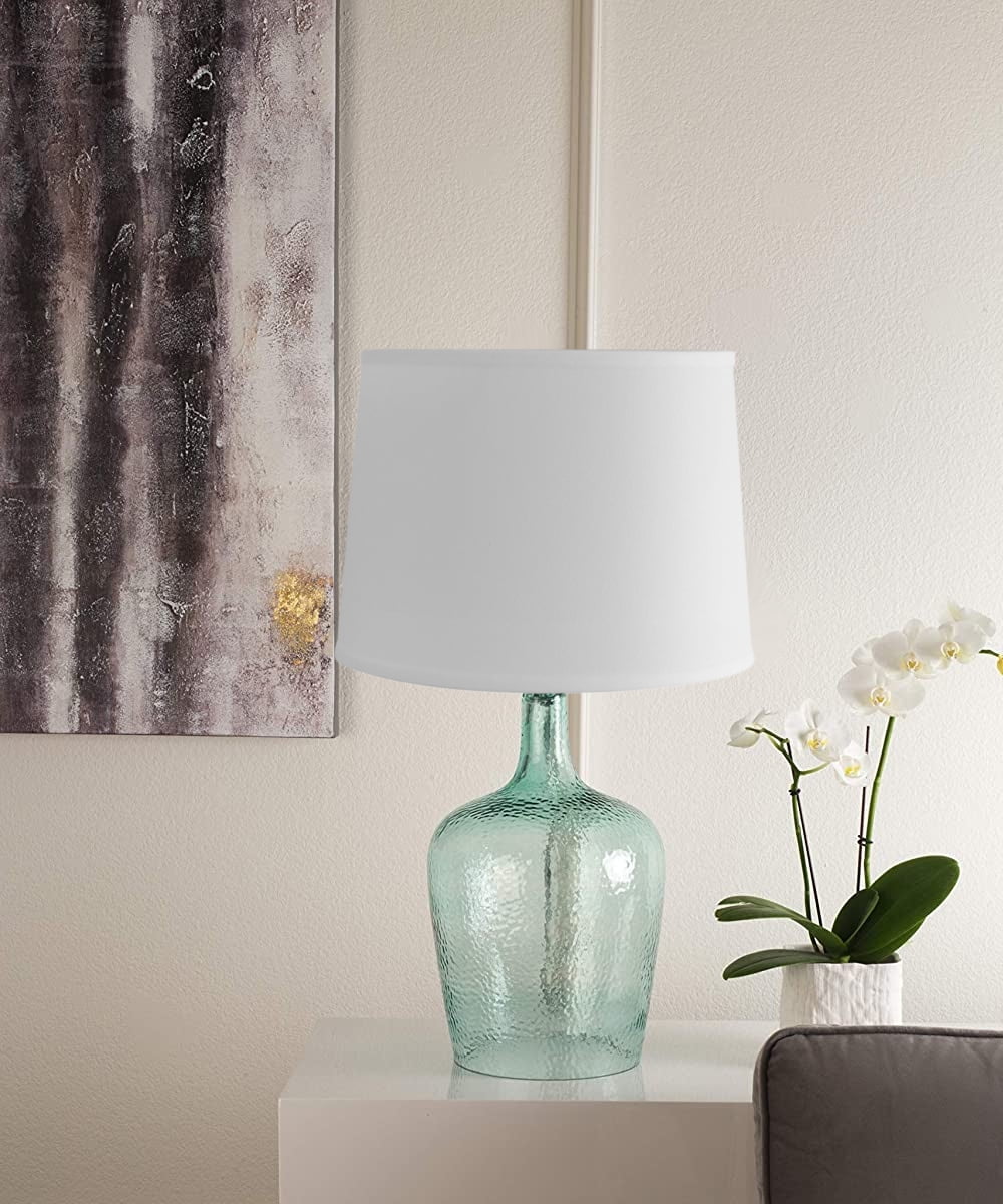 19" Hand-Blown Aqua Green Sea Glass Table Lamp with White Linen Drum Shade E8401