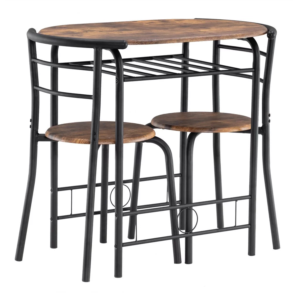 Brown 3 Pieces Dining Table and Chair Set with Storage Rack J448