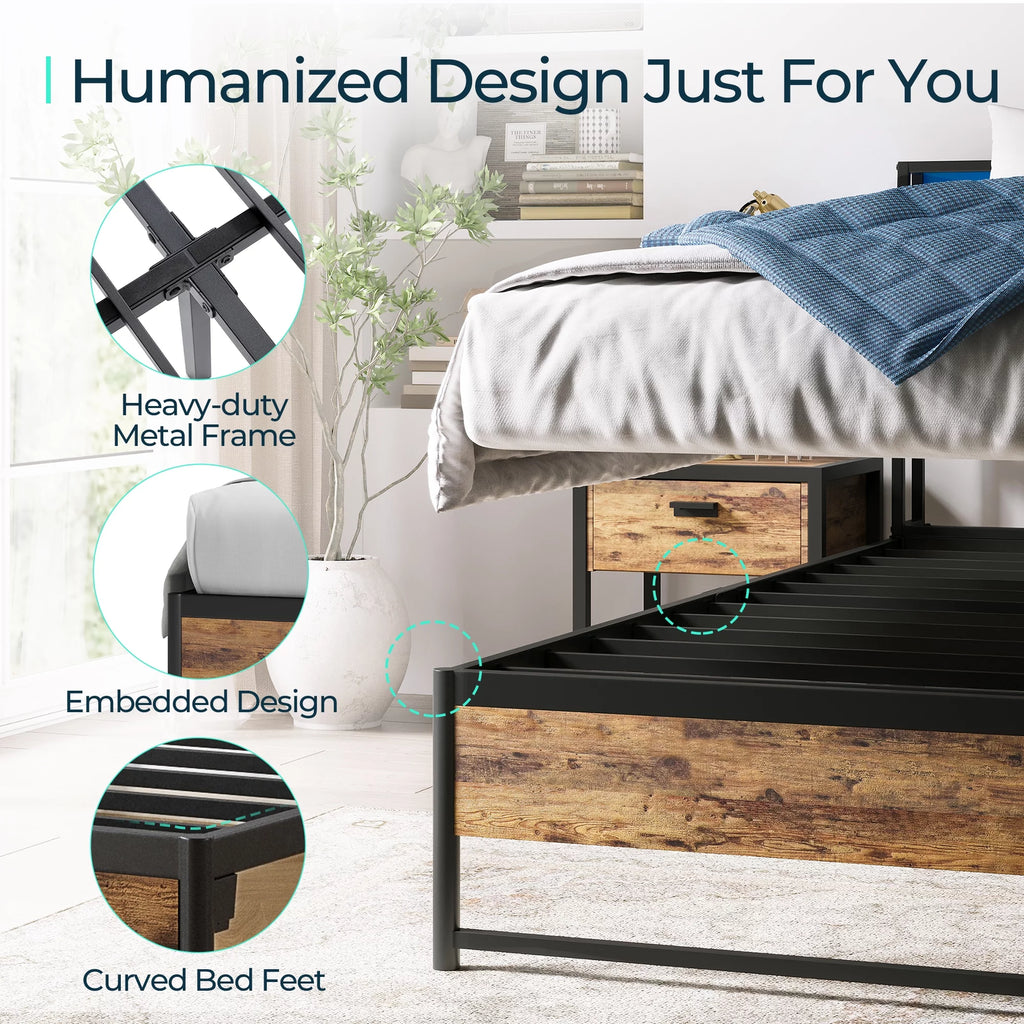 Full Size Platform Bed Frame with Headboard and Storage Shelves B934021
