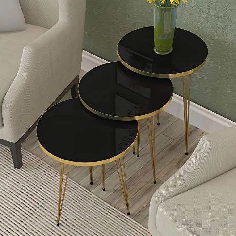 Set of 3 High Gloss Black Round Nesting Tables with Metal Legs T559