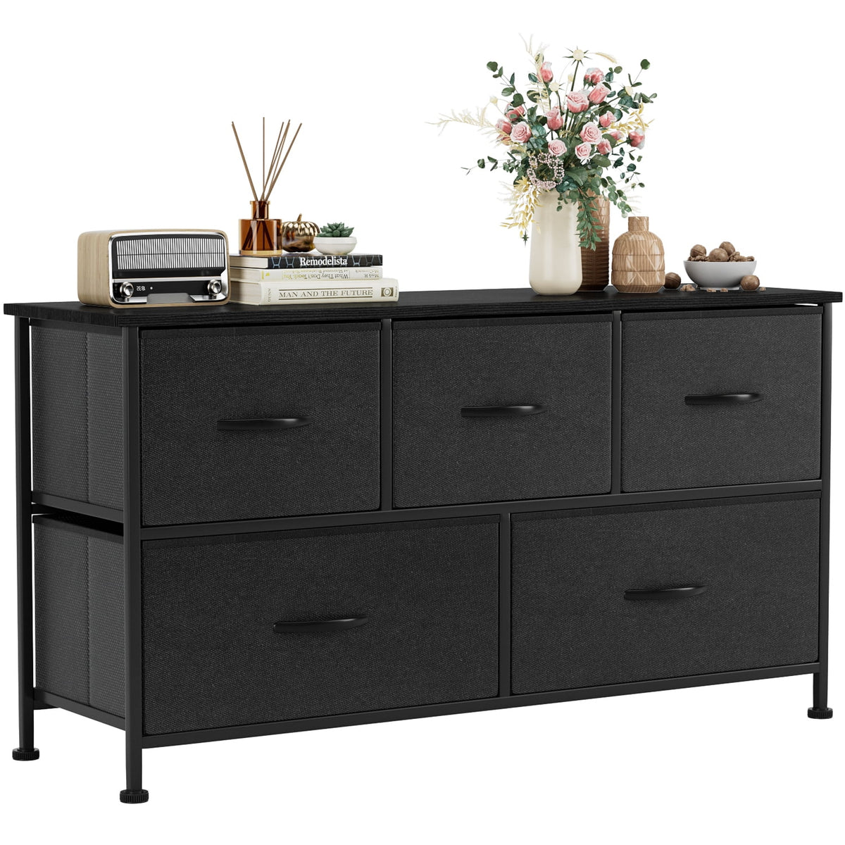 Black 5 Drawer Fabric Dresser T16799