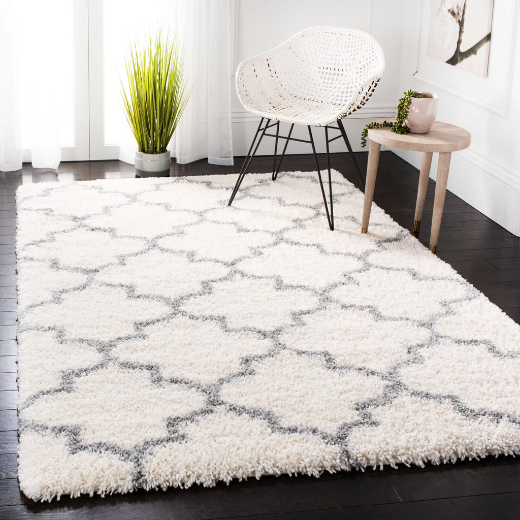Cream Grey Geometric Plush Shag Area Rug 9' x 12' A590811
