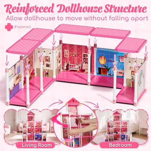 4-Story 12 Rooms Pink Dollhouse with Doll and Furniture J787