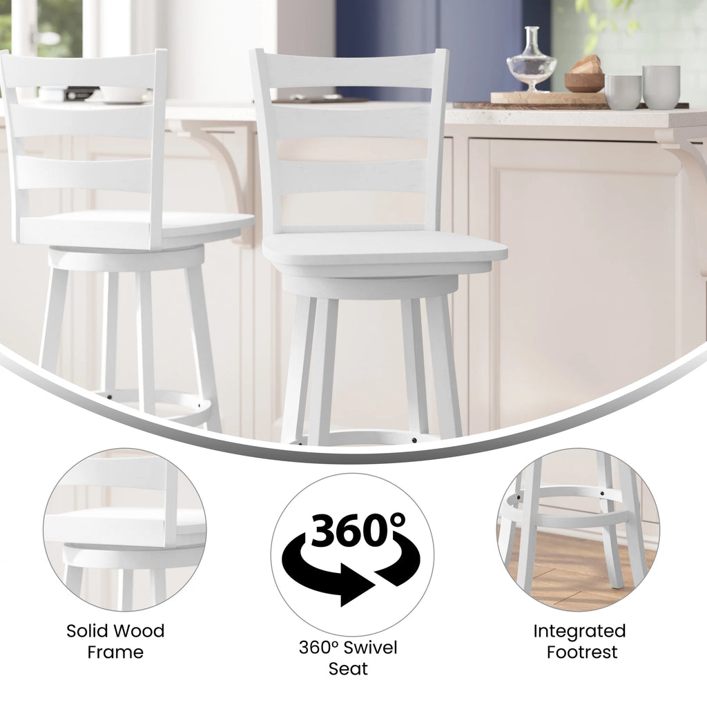 30" Antique White Swivel Bar Height Stool with Wood Seat and Footrest T9284