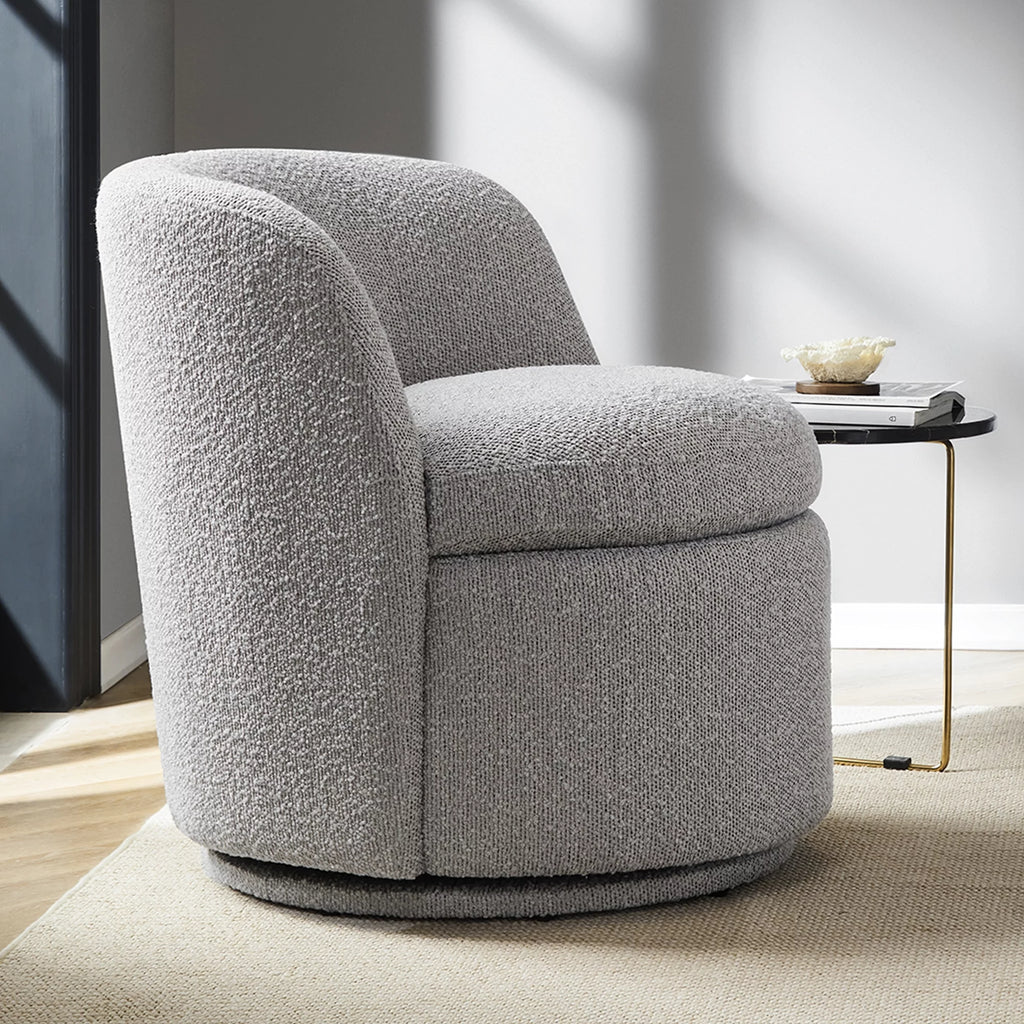 White Boucle Fabric Barrel Accent Chair E452