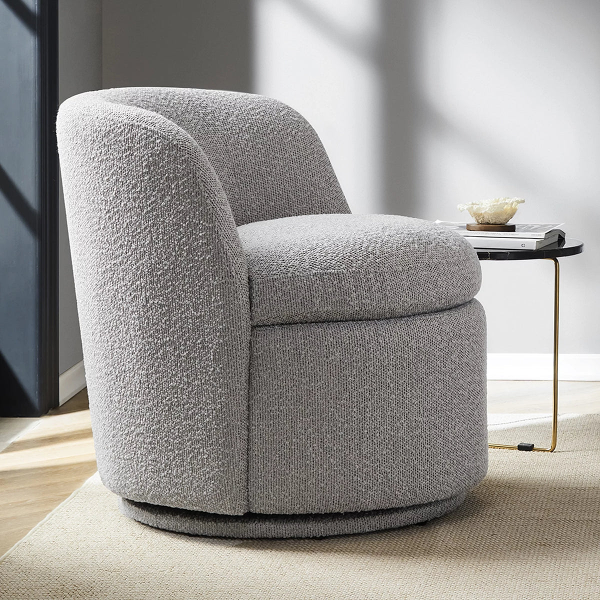 White Boucle Fabric Barrel Accent Chair E452