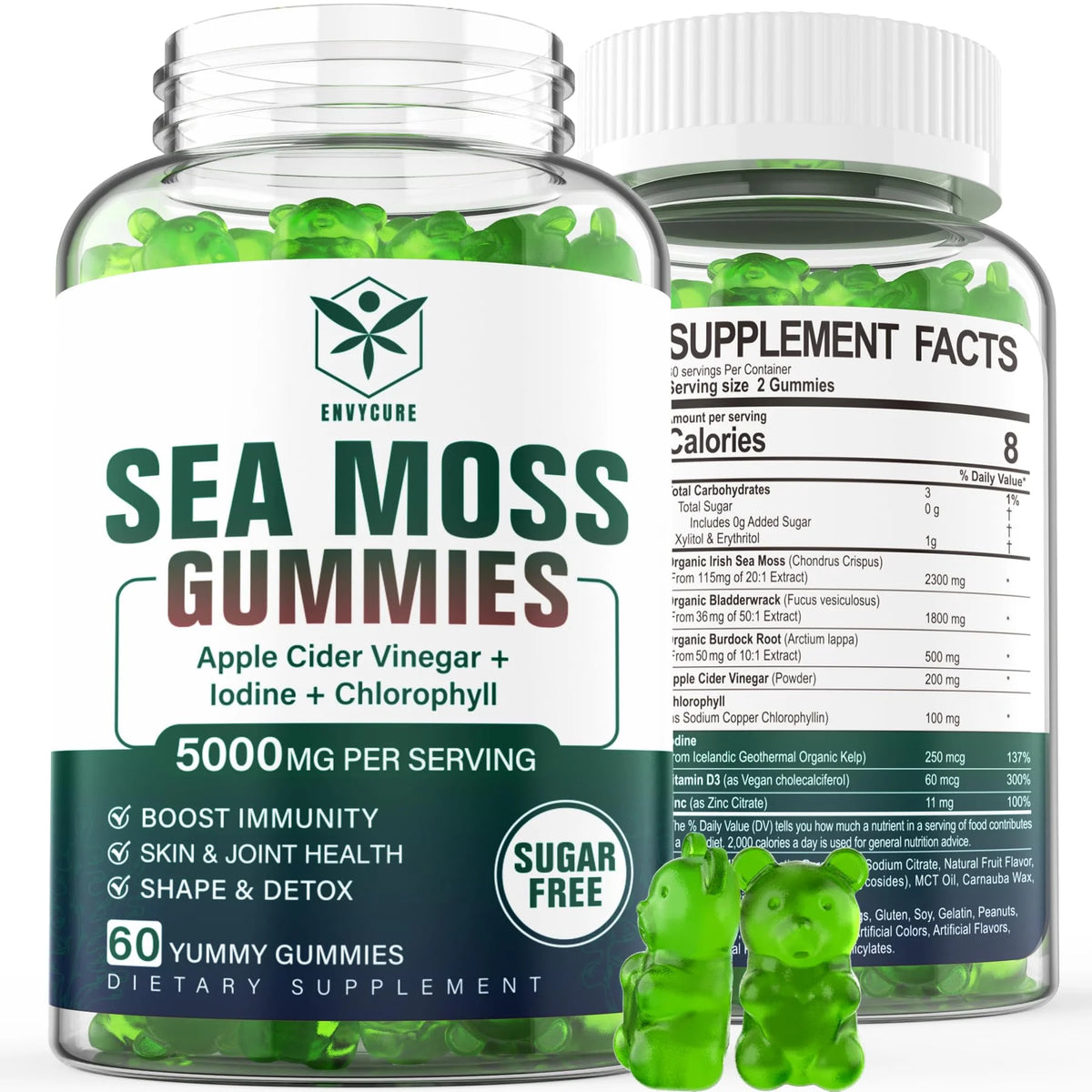 Sugar-Free Sea Moss Gummies 5000mg with Chlorophyll, ACV, D3, Burdock Root, Bladderwrack 60 Chews H12972