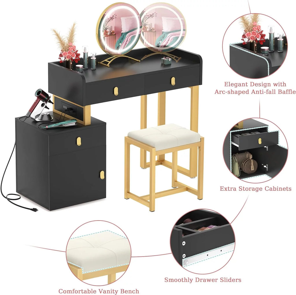 Black Vanity Desk with Lighted Mirror and Chair O780