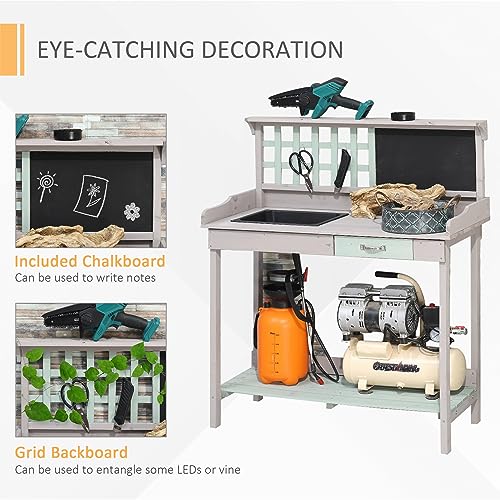 Light Gray Wooden Potting Bench Table with Sink and Drawer E1671