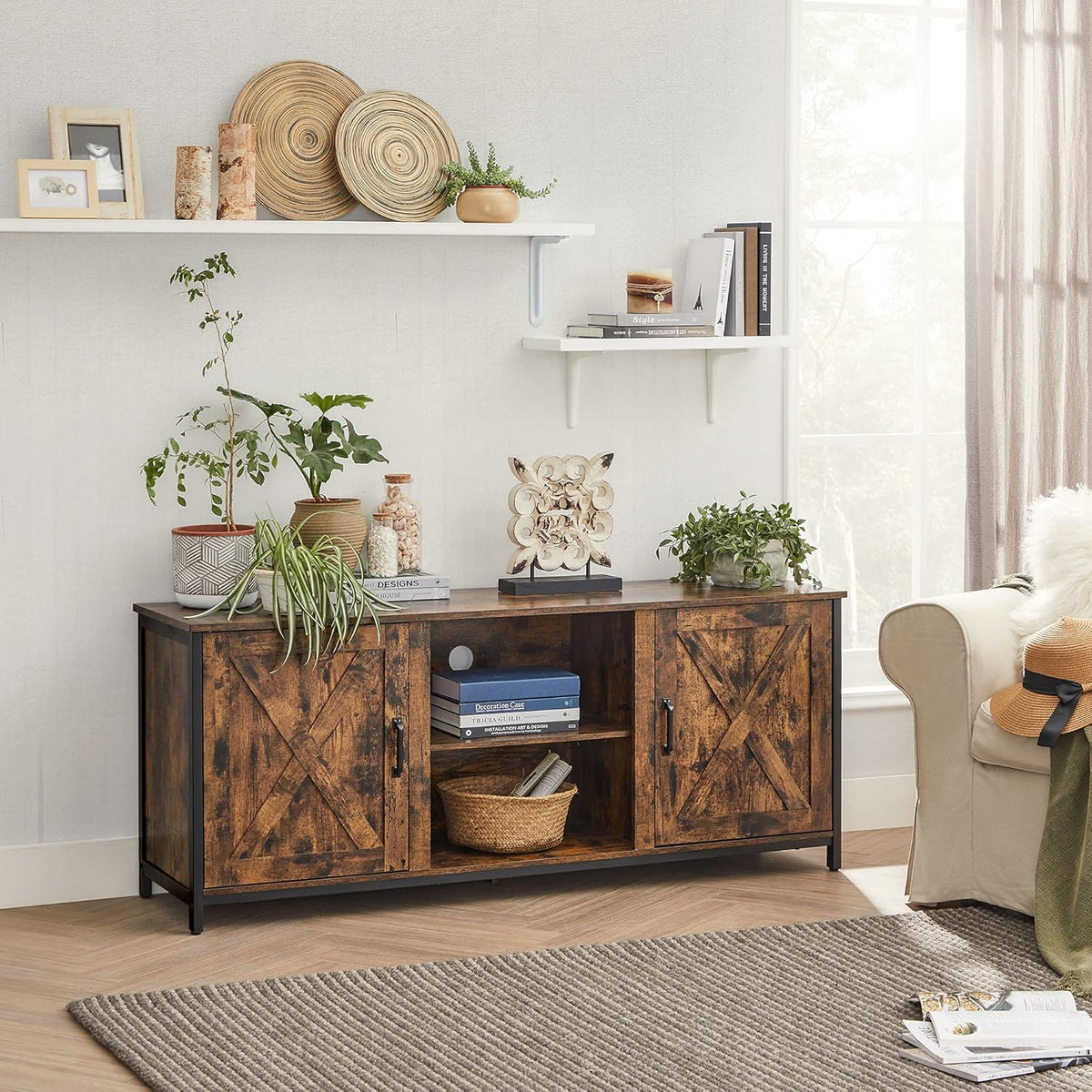 Farmhouse TV Stand for 65 Inch TV with Adjustable Shelves J5829