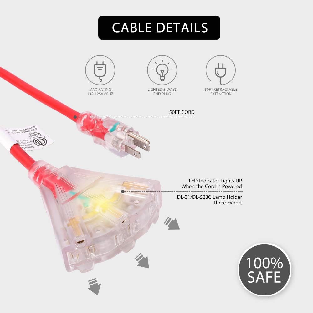 50 Feet Retractable Extension Cord Reel with Swivel Bracket and LED Light Connector Y211