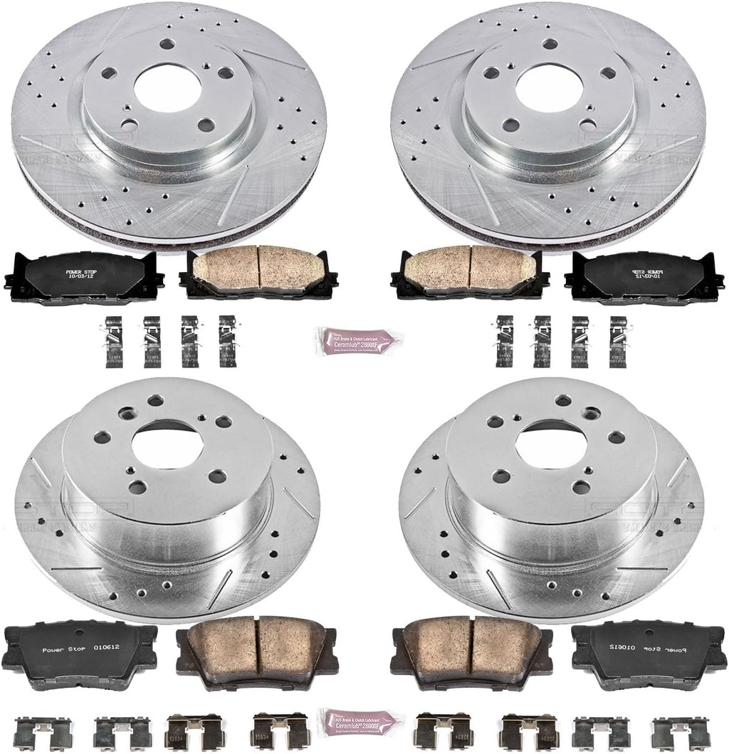 Front and Rear Carbon Fiber Brake Pads with Drilled & Slotted Brake Rotors Kit M9795