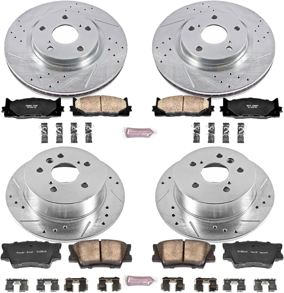 Front and Rear Carbon Fiber Brake Pads with Drilled & Slotted Brake Rotors Kit M9795