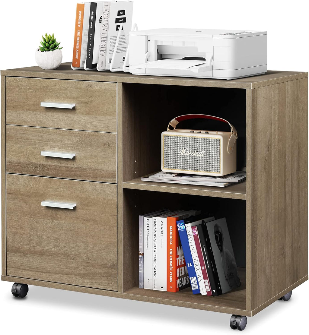 3 Drawer Wood File Cabinet with Open Storage Shelves, Gray Oak T7233