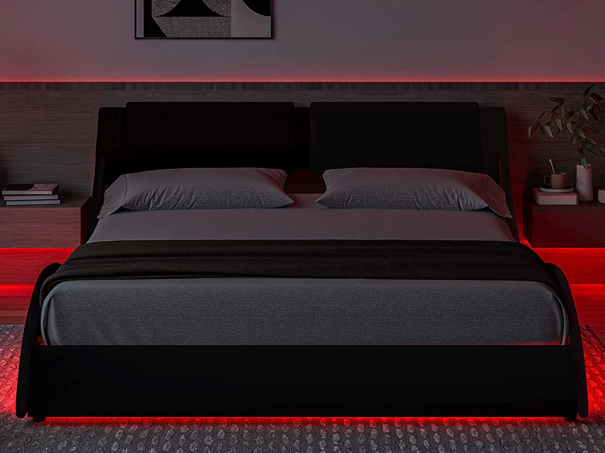 Queen LED Bed Frame with Faux PU Leather Headboard K588673