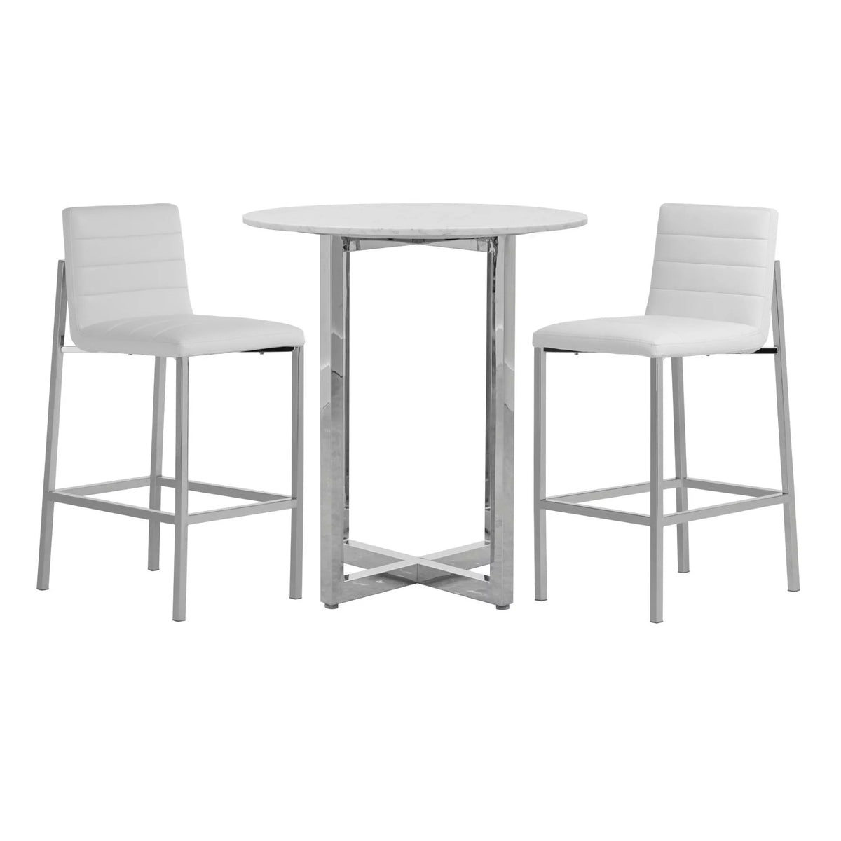 32" Round Marble Bar Table & 2 Metal Back Stool Set - White J511341