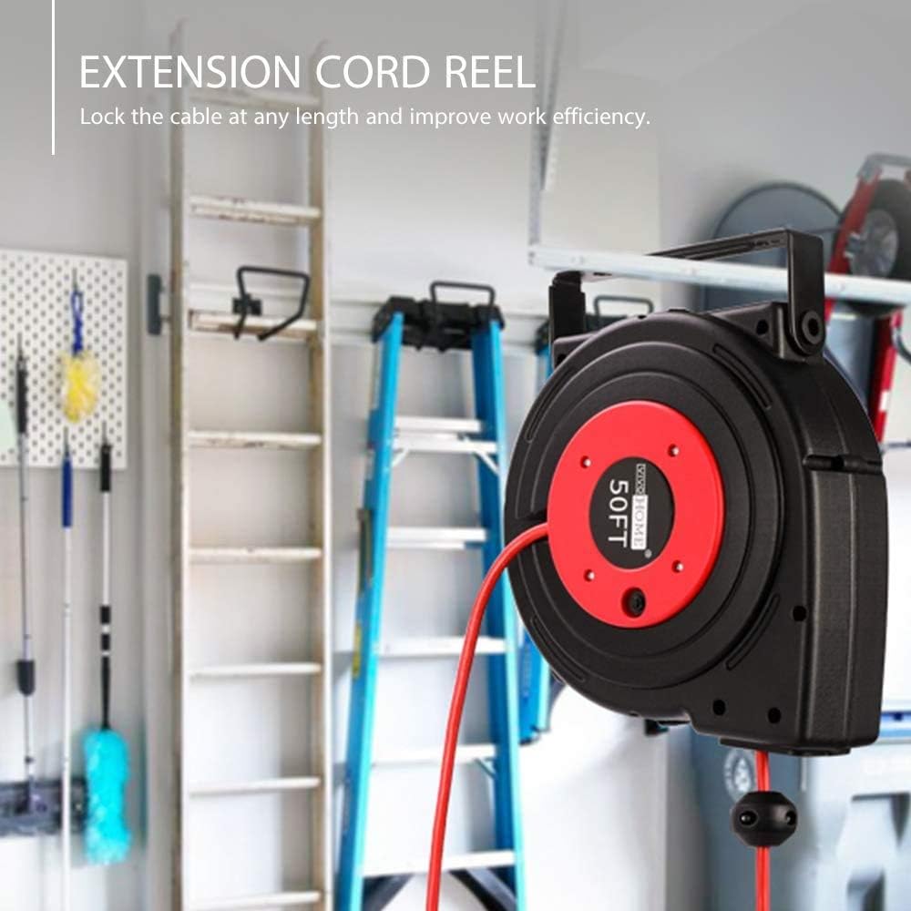 50 Feet Retractable Extension Cord Reel with Swivel Bracket and LED Light Connector Y211