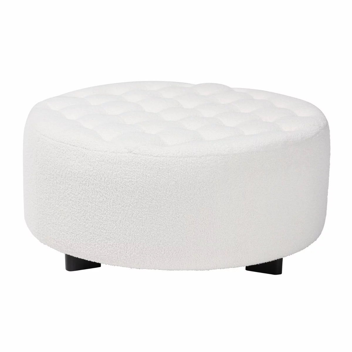 Ivory Boucle Upholstered Black Wood Round Ottoman M180