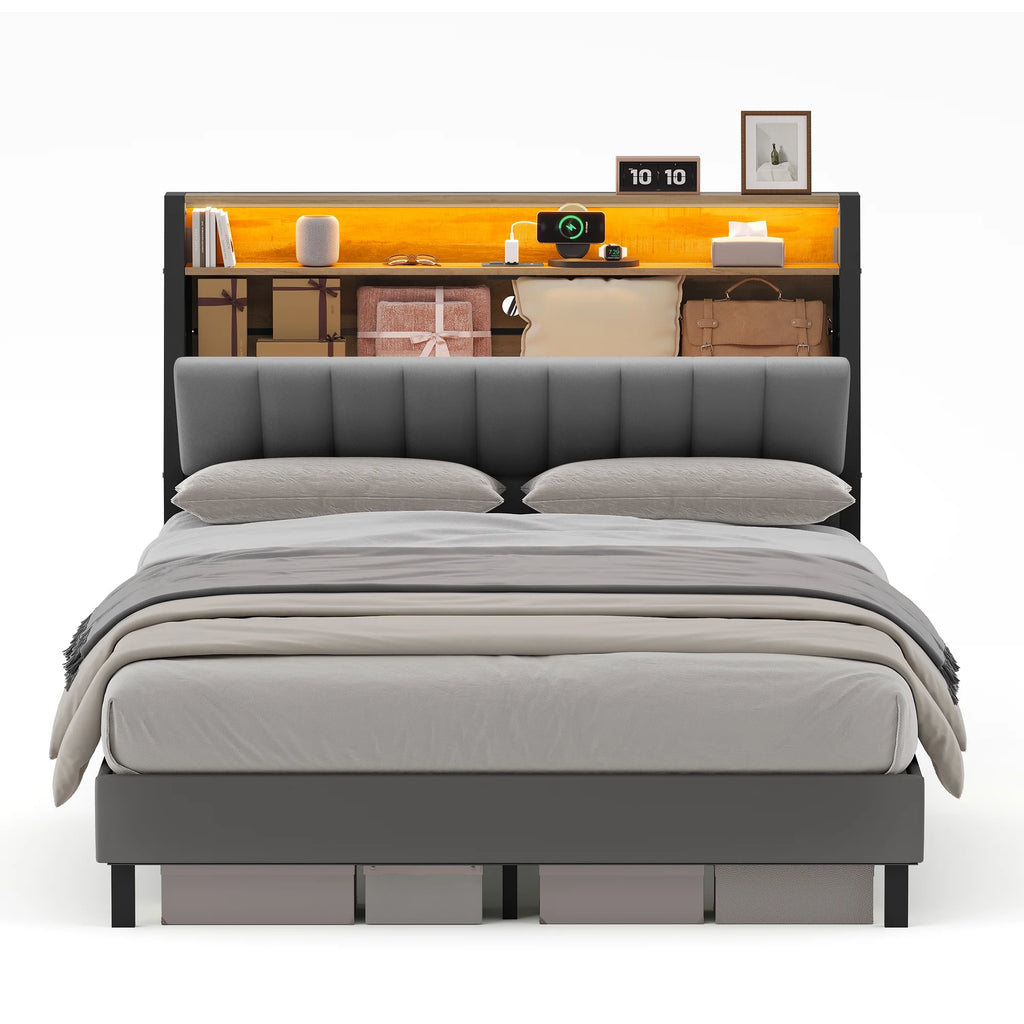 Full Size Bed Frame with Storage Headboard and Charging Station K6894