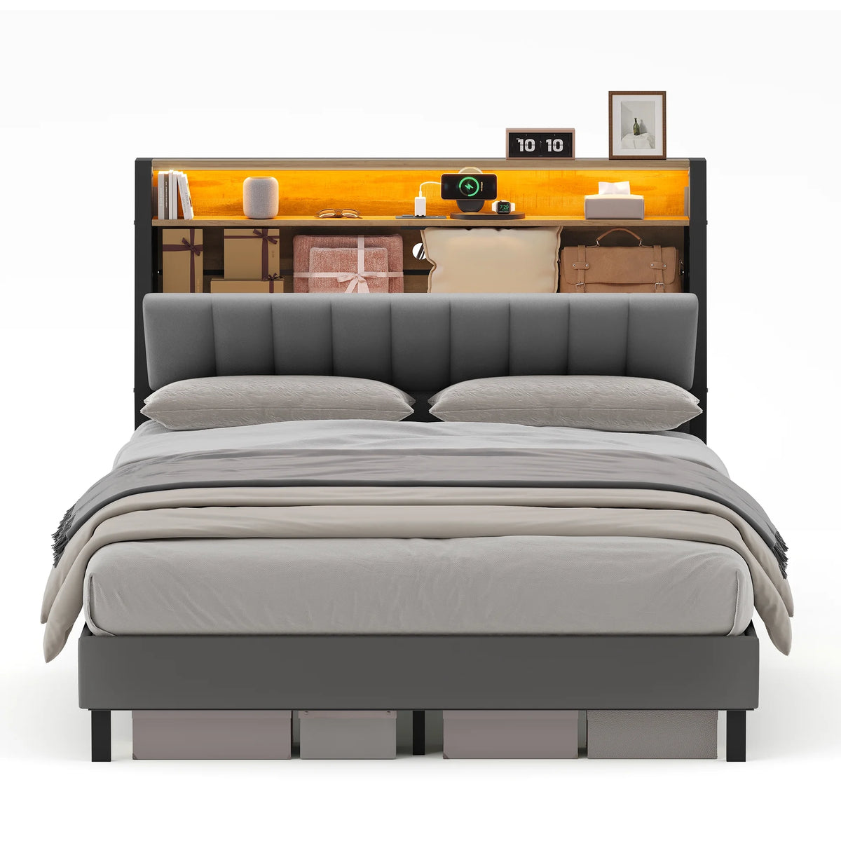 Full Size Bed Frame with Storage Headboard and Charging Station K6894