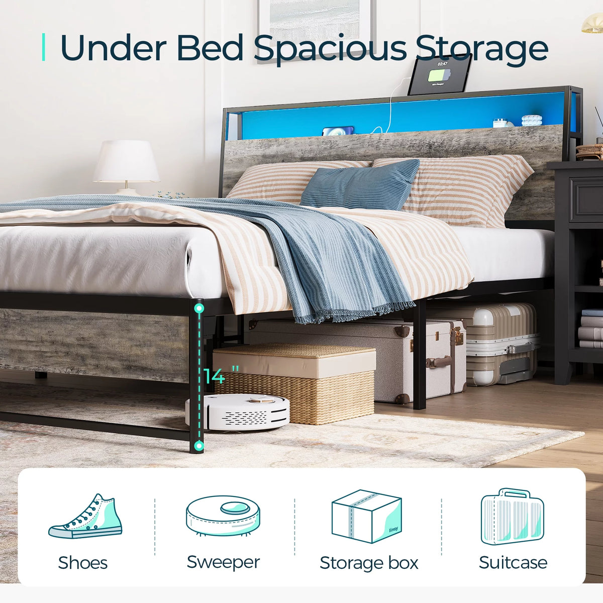 Full Size Platform Bed Frame with Headboard and Storage Shelves B934021