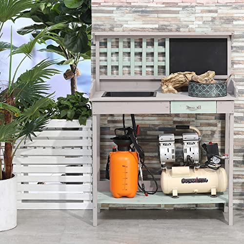 Light Gray Wooden Potting Bench Table with Sink and Drawer E1671