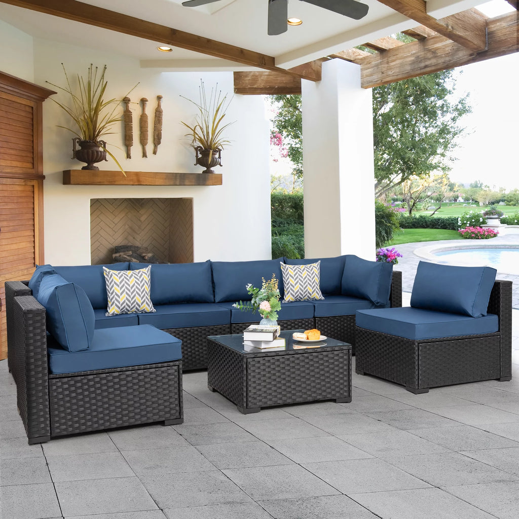 7 Pieces Black Wicker Outdoor Sectional Sofa Set with Tea Table Q666626