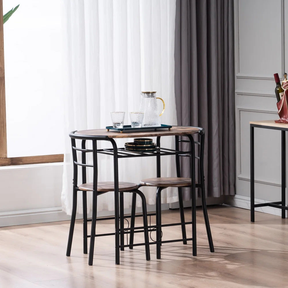 Brown 3 Pieces Dining Table and Chair Set with Storage Rack J448