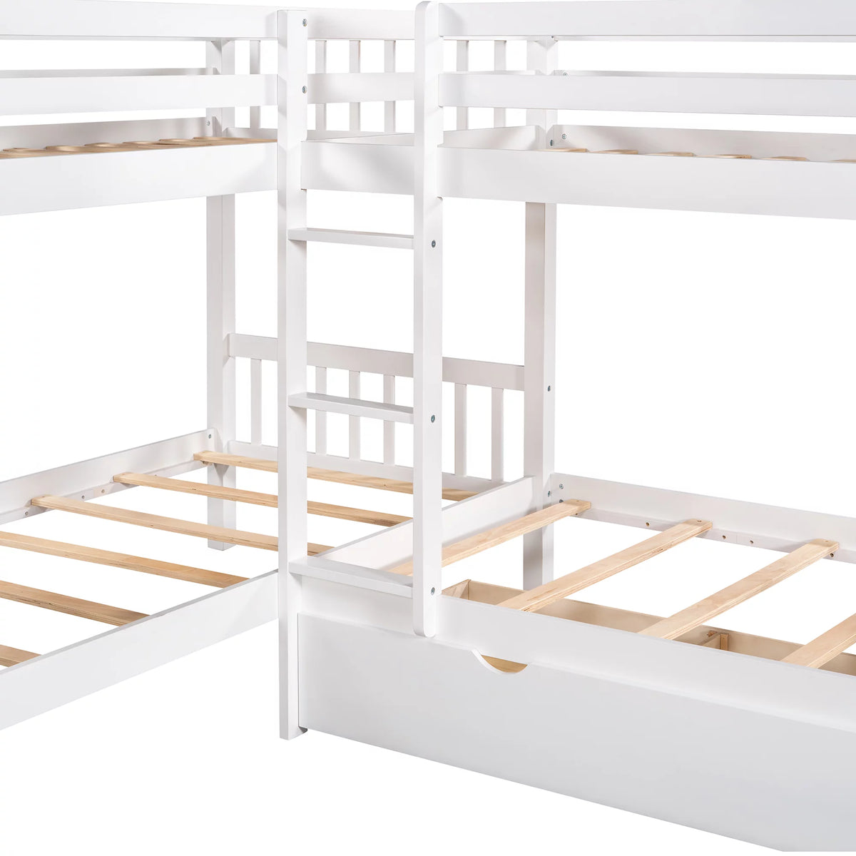 White Wooden L-Shaped Twin Over Twin Bunk Beds with Storage Drawers Q861
