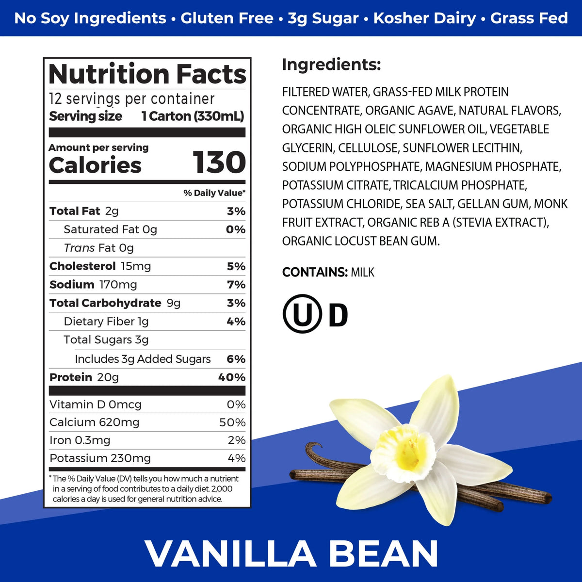 Grass Fed Protein Shake Vanilla Bean 11oz 12ct F18723