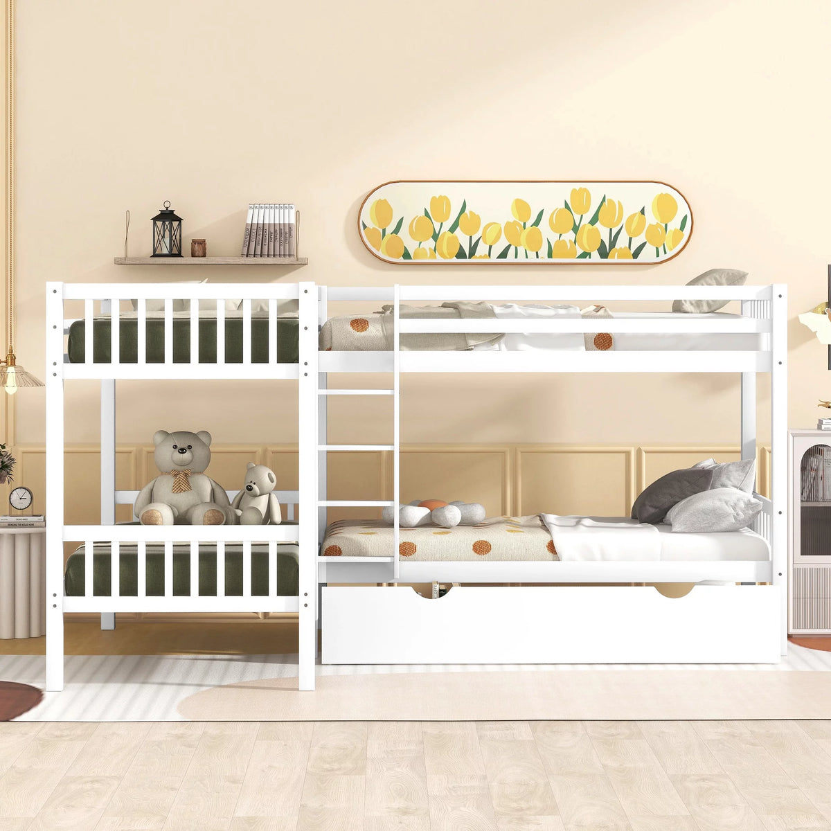 White Wooden L-Shaped Twin Over Twin Bunk Beds with Storage Drawers Q861