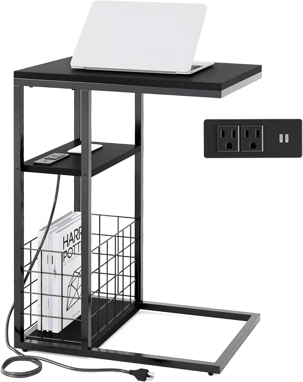 C Shaped End Table with Charging Station, Black H259773