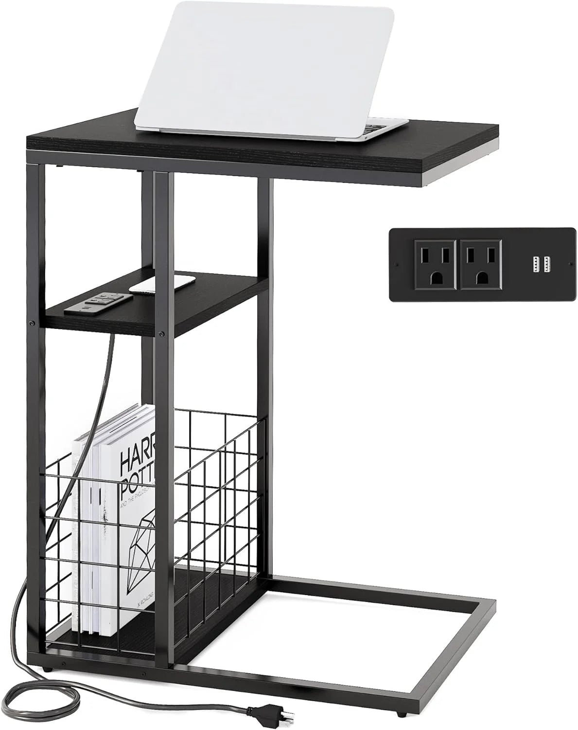 C Shaped End Table with Charging Station, Black H259773