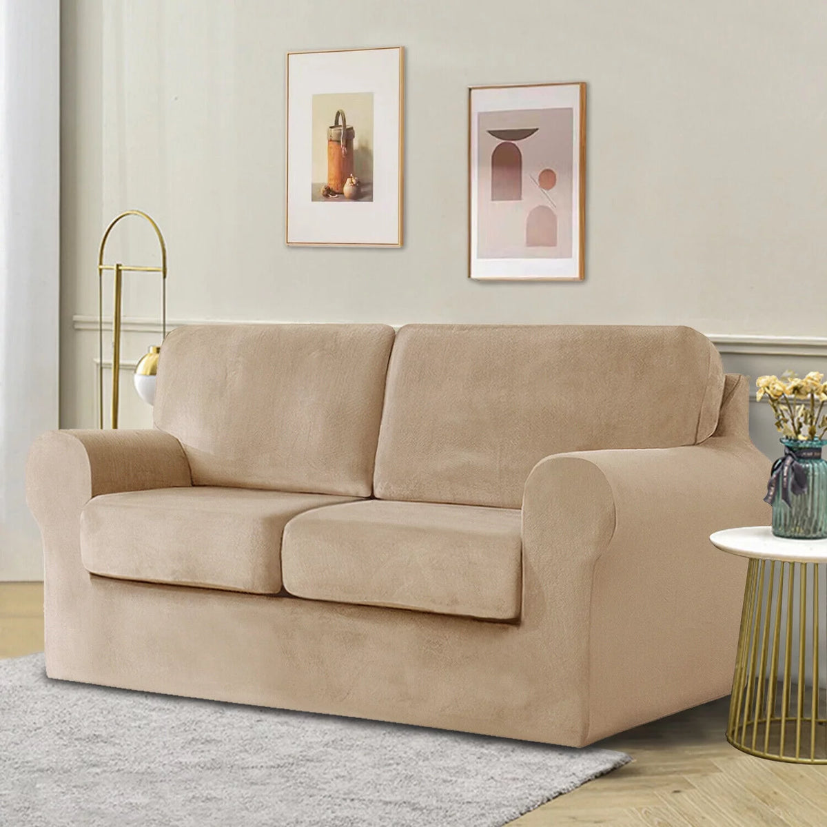 Khaki Velvet 5 Piece Stretch Sofa Cover A632