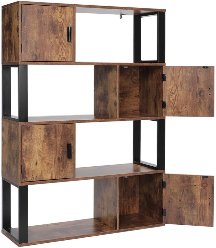 4 Tier Rustic Brown Bookcase with 4 Cube Storage Cabinet Z43289