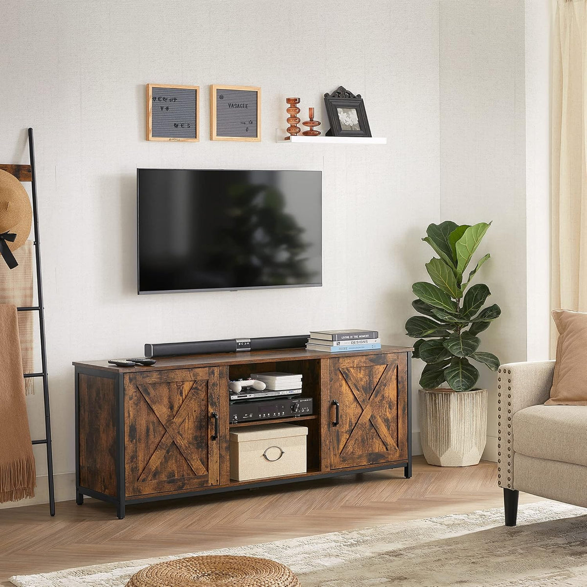 Farmhouse TV Stand for 65 Inch TV with Adjustable Shelves J5829
